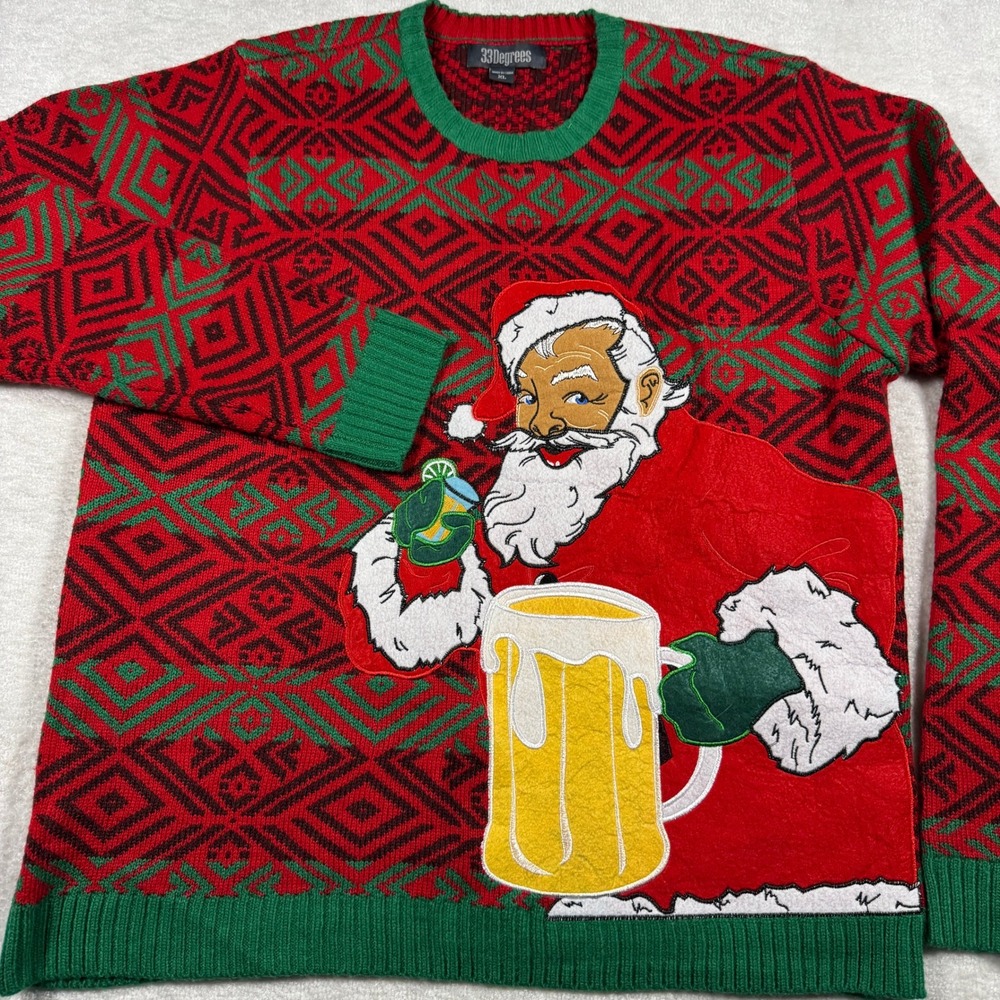 33 Degrees Sweater Mens XL Red Green Santa Beer Mug Ugly Christmas Knit Pullover